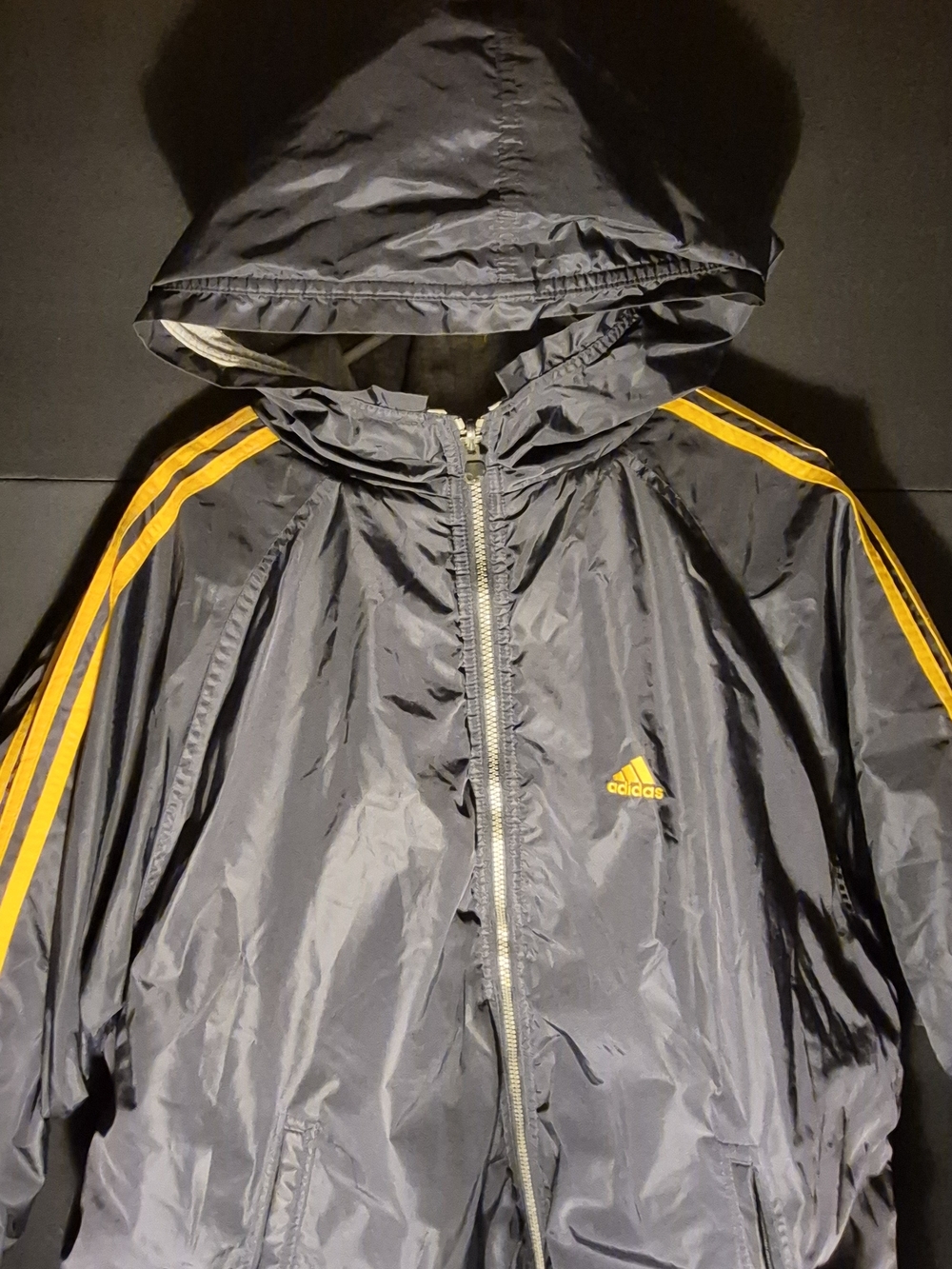 adidas Men’s Black Hooded Windbreaker with Yellow Stripe Accents
